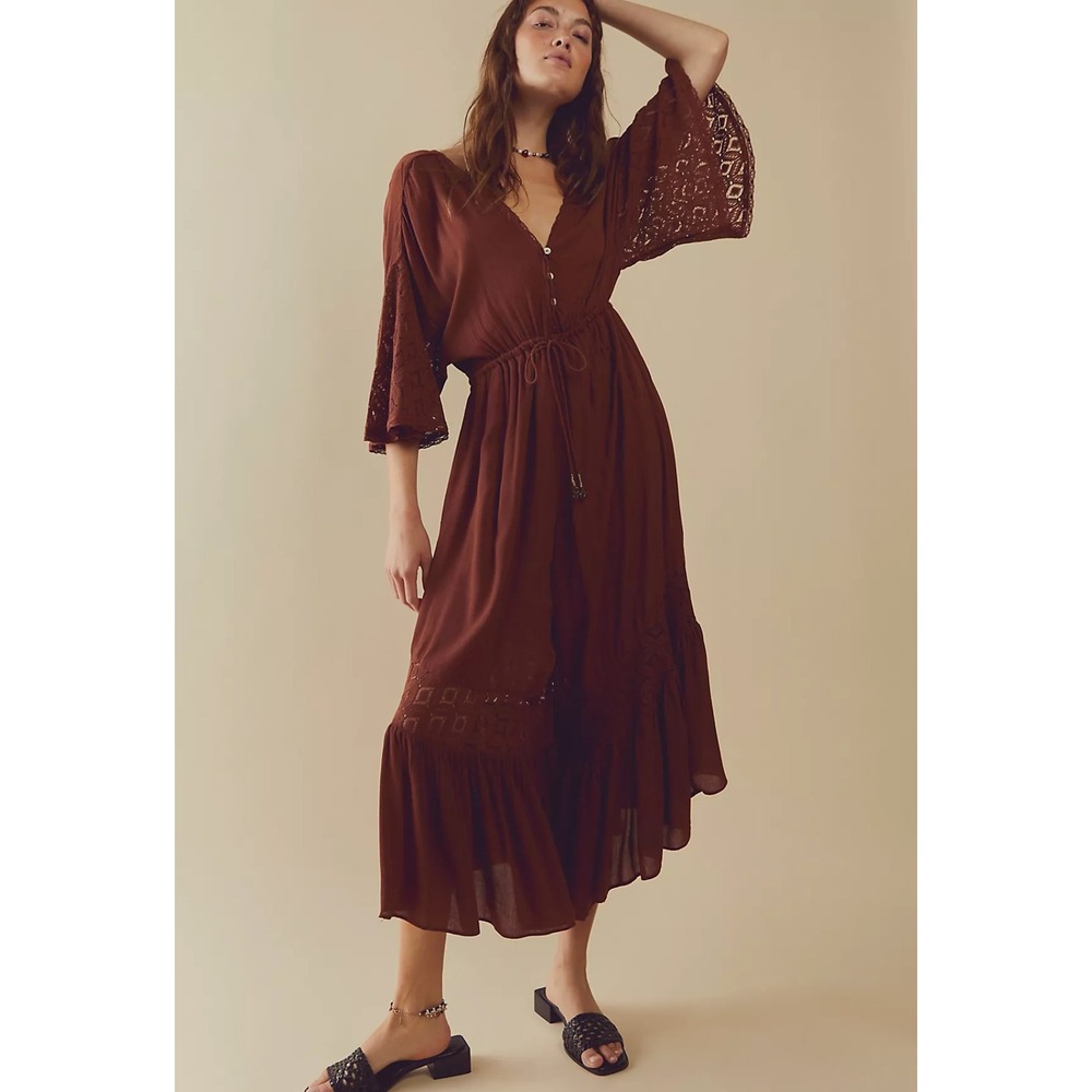 Free People Angela Jumpsuit Brown Crochet Wide Leg Boho Flowy Womens Size S